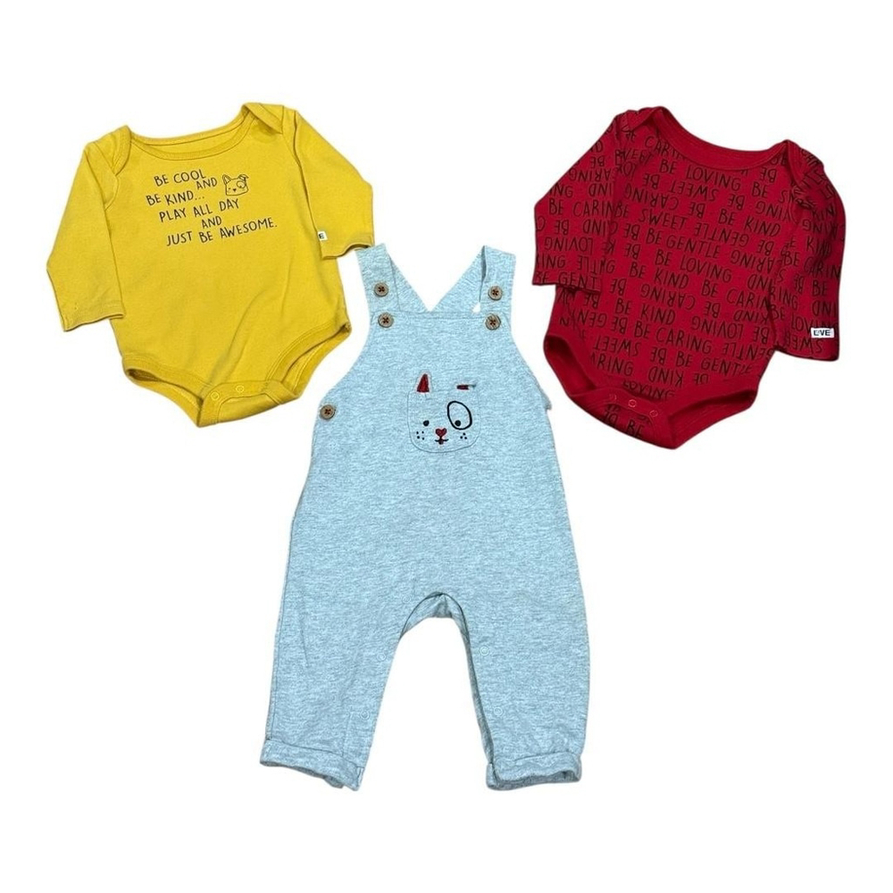 Love Ellen DeGeneres Outfit Set Infant 6-9M Gray Overalls + 2 Bodysuits Cat Face
